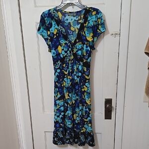 APT 9 STRETCH Rayon Floral Blue BLACK and GOLD Women's Dress Very Good Condition